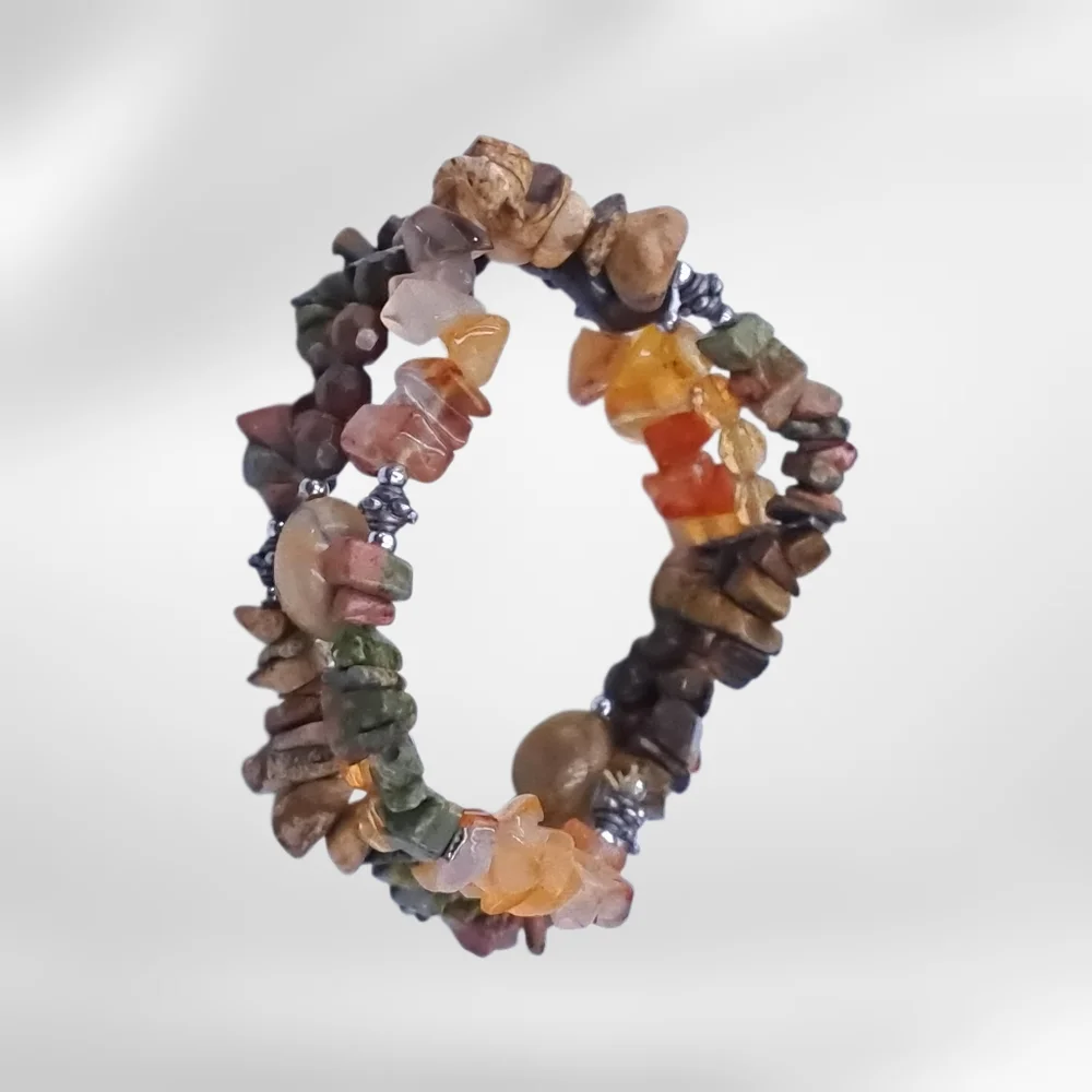Earth Tone Stone Chip Multi-Strand Stretch Bracelet | Boho Natural Look